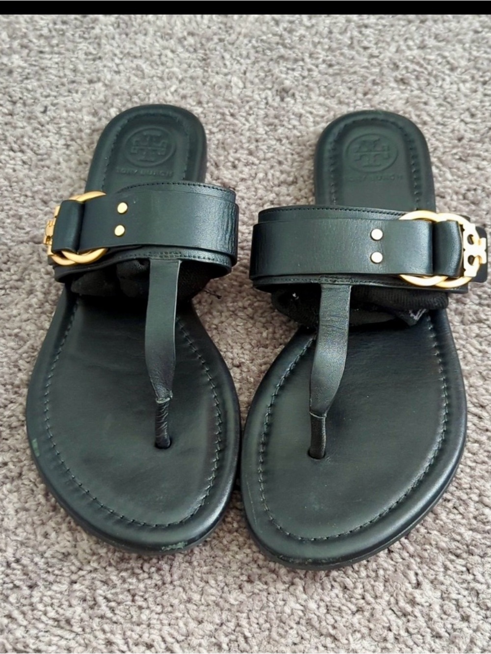 Tory Burch Marsden Miller Black Calf Leather Thong Sandals with Gold Buckle